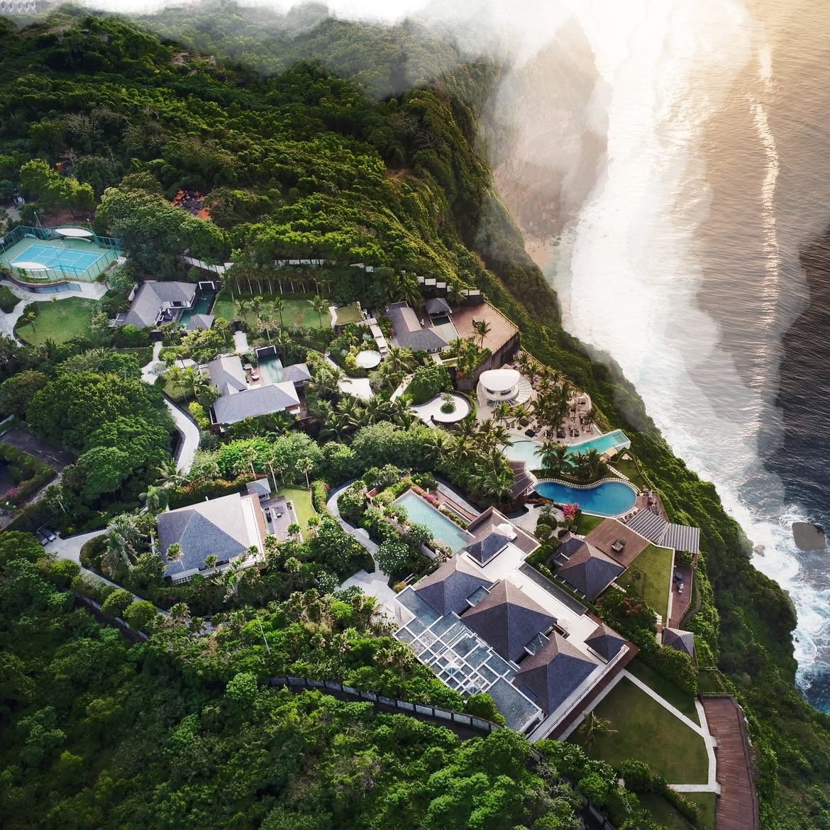 Punash estate at golden hour, aerial view above the cliffs